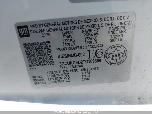 12653725 :رقم المزاد ، 3GCUKDED2TG169869 vin ، 2026 Chevrolet Silverado K1500 Lt مزاد بيع
