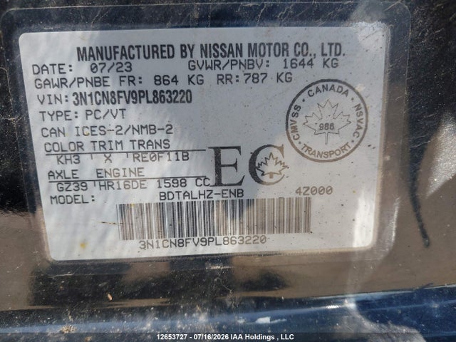 2023 Nissan Versa Sr მანქანა იყიდება აუქციონზე, vin: 3N1CN8FV9PL863220, აუქციონის ნომერი: 12653727
