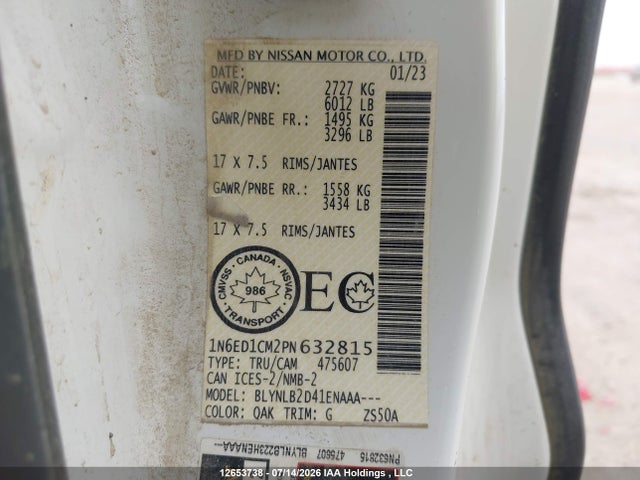 12653738 :رقم المزاد ، 1N6ED1CM2PN632815 vin ، 2023 Nissan Frontier S/sv مزاد بيع