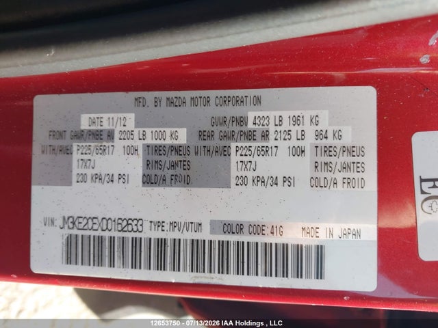 Aukcja sprzedaży 2013 Mazda Cx-5 Touring, vin: JM3KE2CEXD0162633, numer aukcji: 12653750