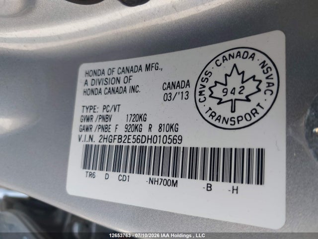 Продажа на аукционе авто 2013 Honda Civic Ex 4dr, vin: 2HGFB2E56DH010569, номер лота: 12653763