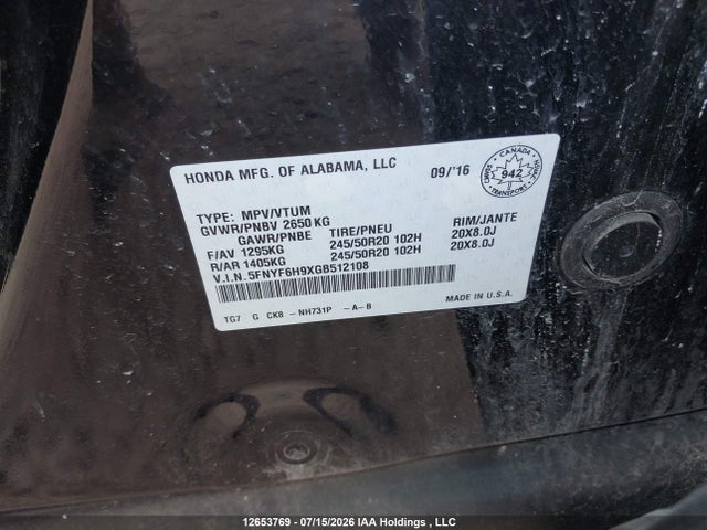Honda Pilot Touring 2016 5FNYF6H9XGB512108 Image 9