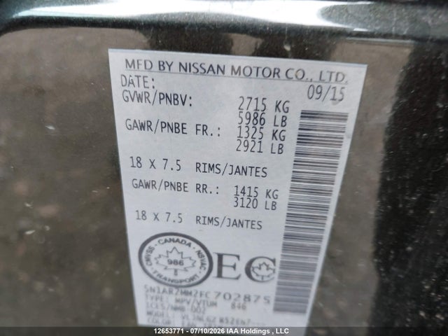 2015 Nissan Pathfinder Platinum/s/sl/sv მანქანა იყიდება აუქციონზე, vin: 5N1AR2MM2FC702875, აუქციონის ნომერი: 12653771