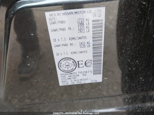 2015 Nissan Pathfinder Platinum/s/sl/sv მანქანა იყიდება აუქციონზე, vin: 5N1AR2MM2FC702875, აუქციონის ნომერი: 12653771