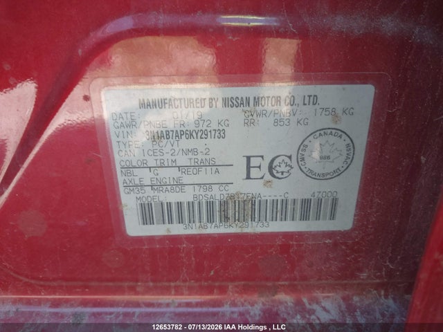 3N1AB7AP6KY291733 Nissan Sentra 1.8 S/1.8 Sv