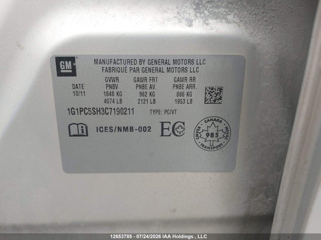 2012 Chevrolet Cruze Ls მანქანა იყიდება აუქციონზე, vin: 1G1PC5SH3C7190211, აუქციონის ნომერი: 12653785