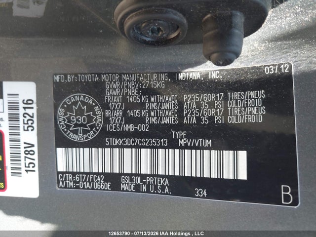 Продажа на аукционе авто 2012 Toyota Sienna Le, vin: 5TDKK3DC7CS235313, номер лота: 12653790