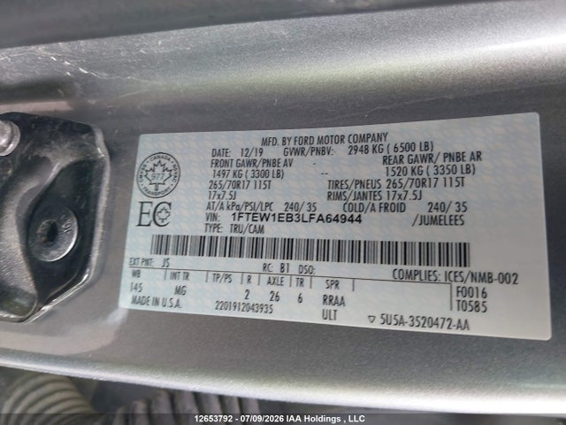 Aukcja sprzedaży 2020 Ford F150 Supercrew, vin: 1FTEW1EB3LFA64944, numer aukcji: 12653792