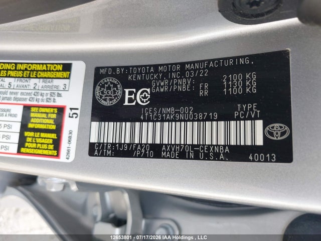 12653801 :رقم المزاد ، 4T1C31AK9NU038719 vin ، 2022 Toyota Camry Hybrid Le مزاد بيع