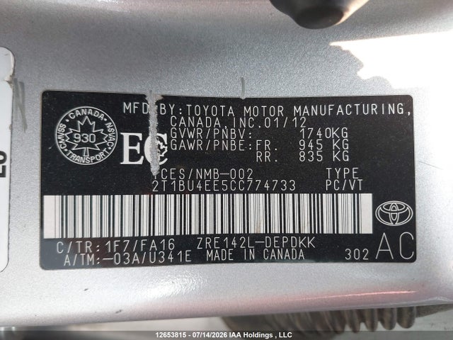 Продаж на аукціоні авто 2012 Toyota Corolla S/le, vin: 2T1BU4EE5CC774733, номер лоту: 12653815