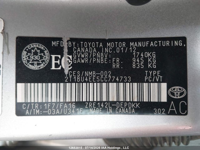 Продаж на аукціоні авто 2012 Toyota Corolla S/le, vin: 2T1BU4EE5CC774733, номер лоту: 12653815