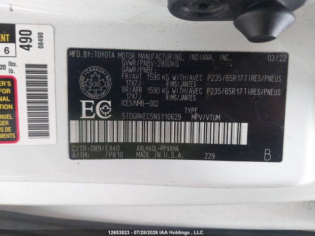 5TDGRKEC5NS110629 Toyota Sienna Le/xle/xse/limited/platinum