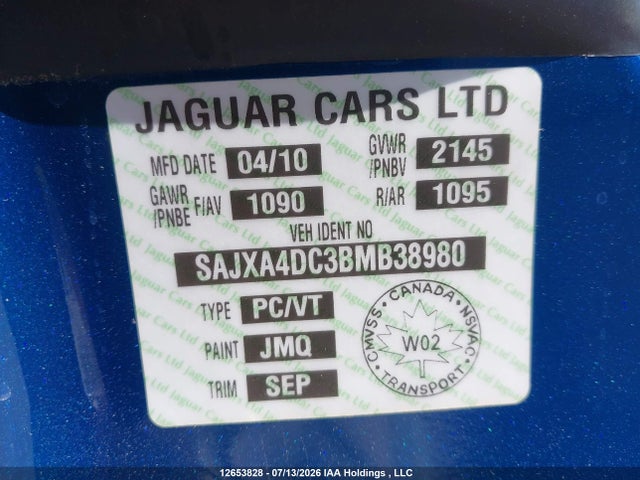 2011 Jaguar Xkr მანქანა იყიდება აუქციონზე, vin: SAJXA4DC3BMB38980, აუქციონის ნომერი: 12653828