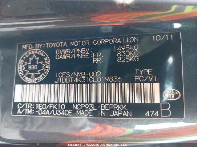Продажа на аукционе авто 2012 Toyota Yaris, vin: JTDBT4K31CL019836, номер лота: 12653831