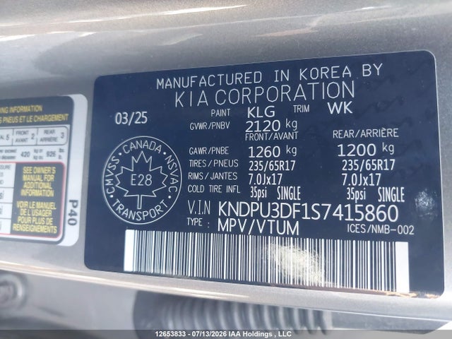 12653833 :رقم المزاد ، KNDPU3DF1S7415860 vin ، 2025 Kia Sportage Lx Fwd مزاد بيع
