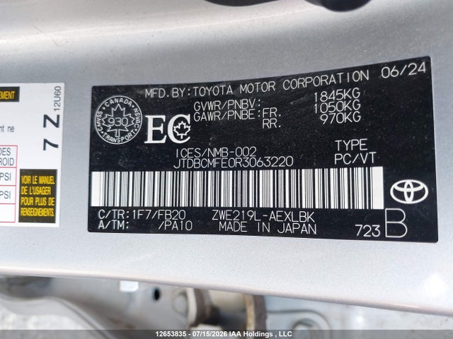 Продажа на аукционе авто 2024 Toyota Corolla Hybrid Le, vin: JTDBCMFE0R3063220, номер лота: 12653835