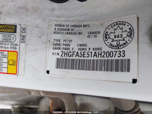 12653845 :رقم المزاد ، 2HGFA5E51AH200733 vin ، 2010 Honda Civic Si Si مزاد بيع