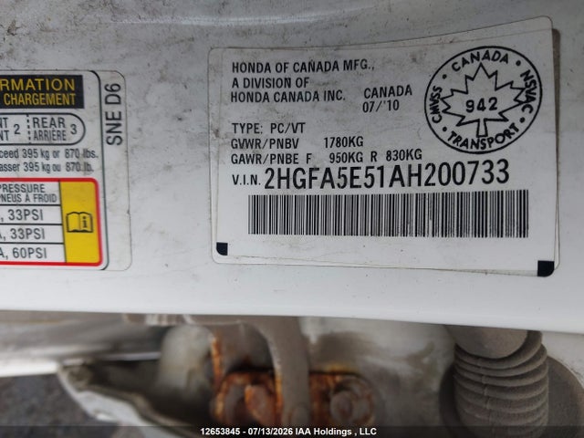 12653845 :رقم المزاد ، 2HGFA5E51AH200733 vin ، 2010 Honda Civic Si Si مزاد بيع