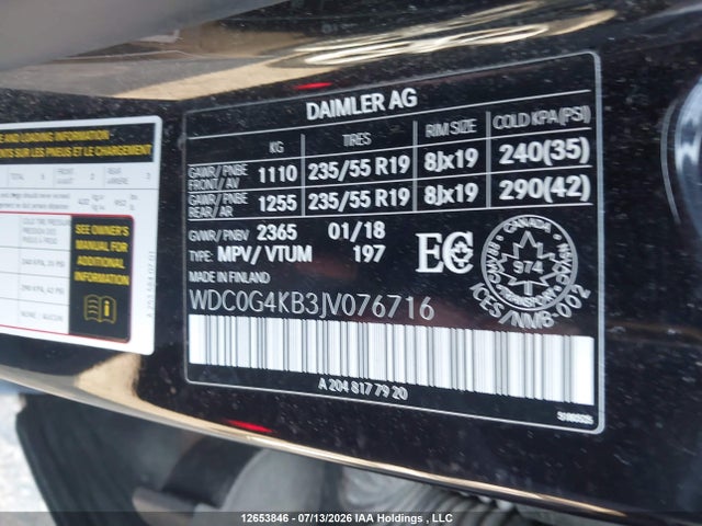 Aukcja sprzedaży 2018 Mercedes-benz Glc 300 4matic, vin: WDC0G4KB3JV076716, numer aukcji: 12653846
