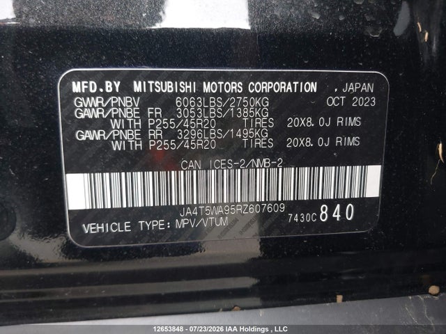 Aukcja sprzedaży 2024 Mitsubishi Outlander Gt/gt Noir/gt Premium/noir, vin: JA4T5WA95RZ607609, numer aukcji: 12653848