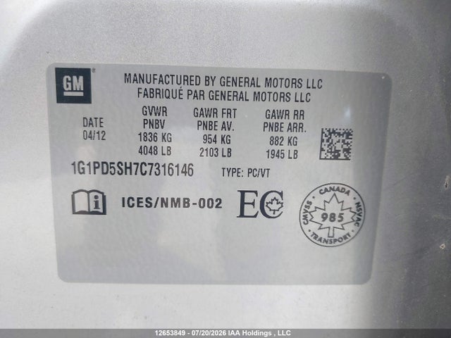 12653849 :رقم المزاد ، 1G1PD5SH7C7316146 vin ، 2012 Chevrolet Cruze Ls مزاد بيع
