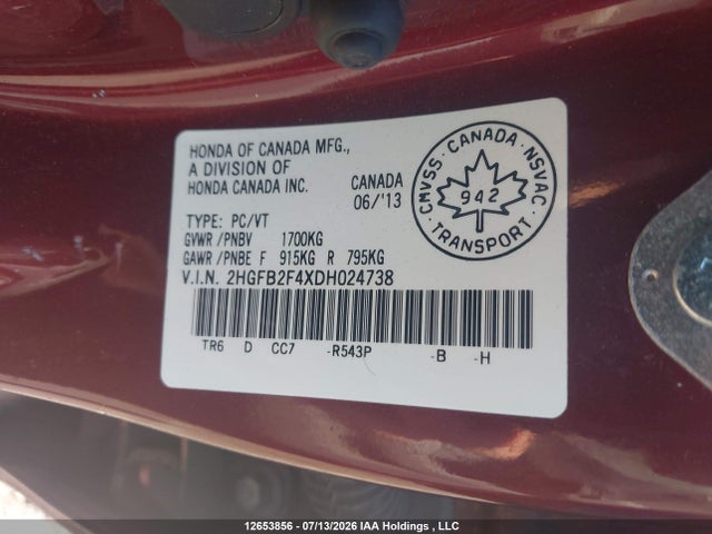 Продажа на аукционе авто 2013 Honda Civic Lx, vin: 2HGFB2F4XDH024738, номер лота: 12653856