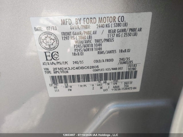 Aukcja sprzedaży 2013 Ford Edge Sel, vin: 2FMDK3JC4DBC62805, numer aukcji: 12653857