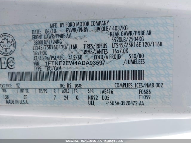 Продажа на аукционе авто 2010 Ford E-250 Commercial/recreational, vin: 1FTNE2EW4ADA93597, номер лота: 12653866