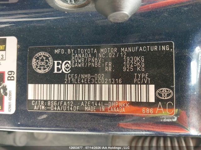 2012 Toyota Matrix მანქანა იყიდება აუქციონზე, vin: 2T1LE4EE3CC021316, აუქციონის ნომერი: 12653877