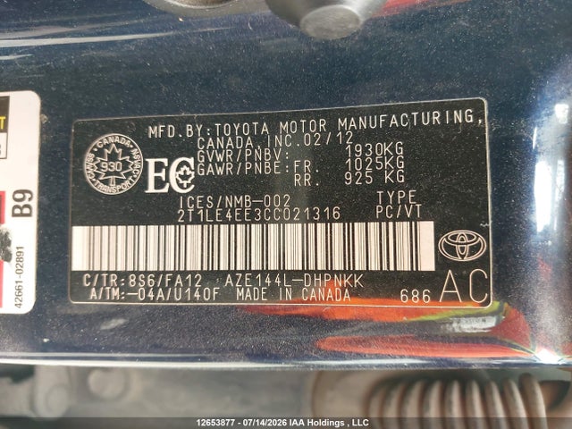 2012 Toyota Matrix მანქანა იყიდება აუქციონზე, vin: 2T1LE4EE3CC021316, აუქციონის ნომერი: 12653877