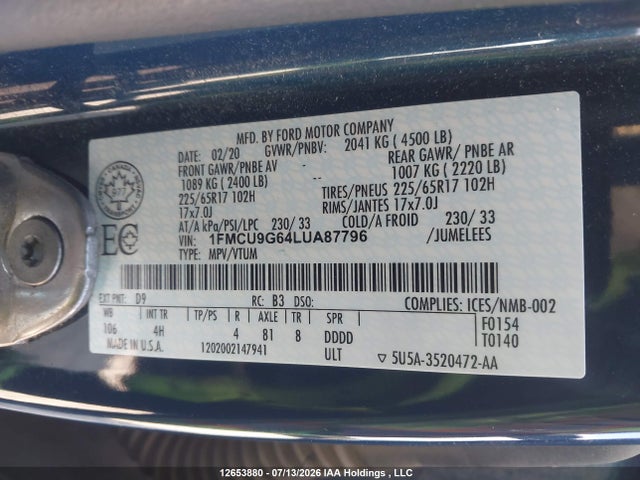 Продажа на аукционе авто 2020 Ford Escape Se, vin: 1FMCU9G64LUA87796, номер лота: 12653880