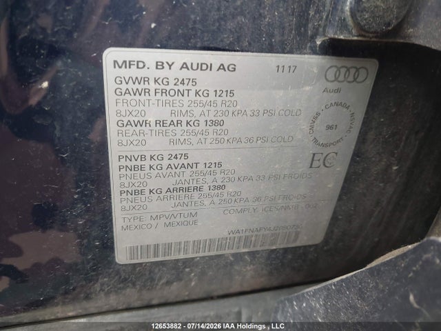 12653882 :رقم المزاد ، WA1FNAFY4J2090736 vin ، 2018 Audi Q5 2.0t Technik مزاد بيع
