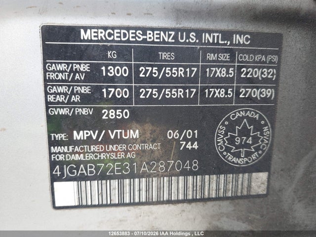 Продаж на аукціоні авто 2001 Mercedes-benz Ml 430, vin: 4JGAB72E31A287048, номер лоту: 12653883