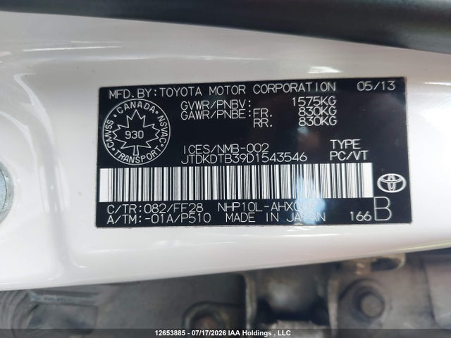 Продаж на аукціоні авто 2013 Toyota Prius C, vin: JTDKDTB39D1543546, номер лоту: 12653885