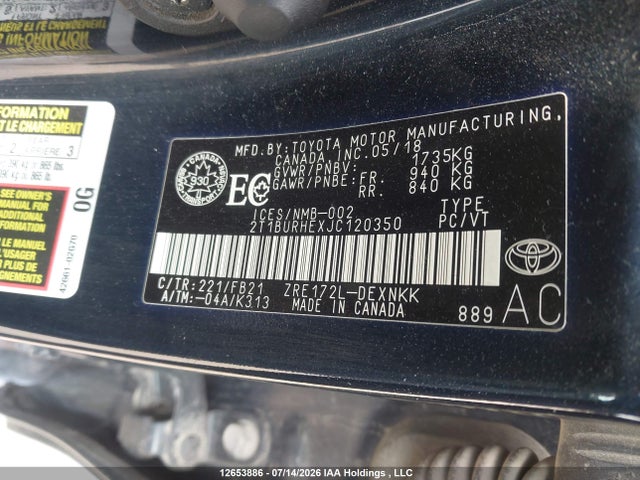 2T1BURHEXJC120350 Toyota COROLLA LE