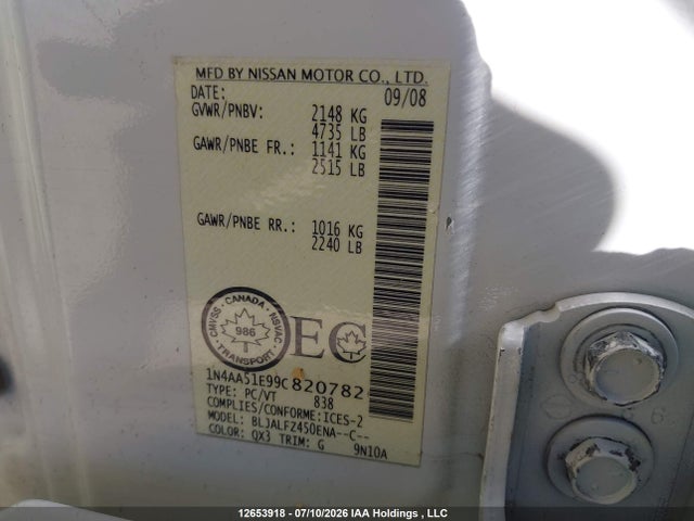 2009 Nissan Maxima S/sv მანქანა იყიდება აუქციონზე, vin: 1N4AA51E99C820782, აუქციონის ნომერი: 12653918
