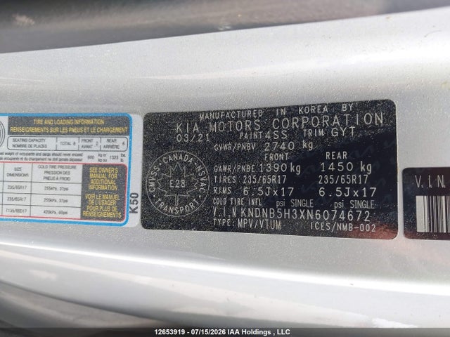 Продажа на аукционе авто 2022 Kia Carnival Lx/lx+, vin: KNDNB5H3XN6074672, номер лота: 12653919