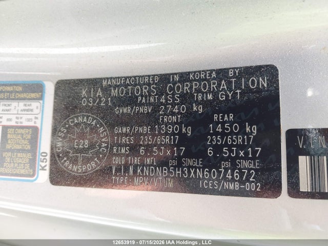 Продажа на аукционе авто 2022 Kia Carnival Lx/lx+, vin: KNDNB5H3XN6074672, номер лота: 12653919