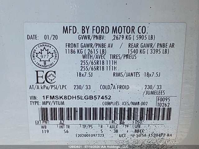 Продажа на аукционе авто 2020 Ford Explorer Xlt, vin: 1FMSK8DH5LGB57452, номер лота: 12653921
