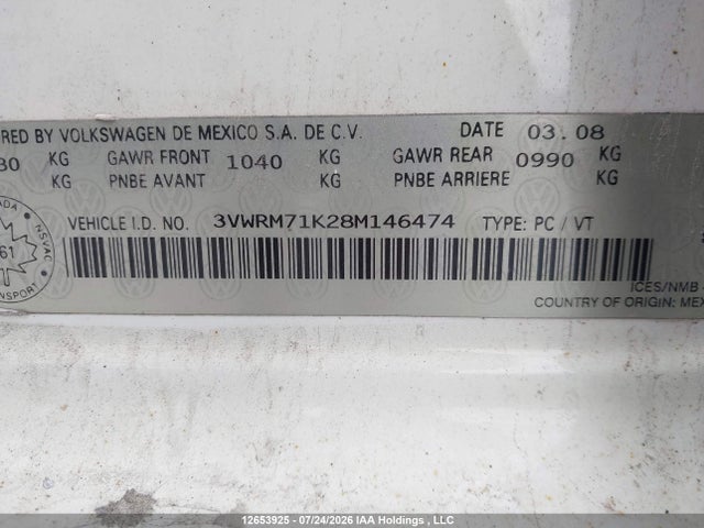 Aukcja sprzedaży 2008 Volkswagen Jetta 2.5l Trendline, vin: 3VWRM71K28M146474, numer aukcji: 12653925