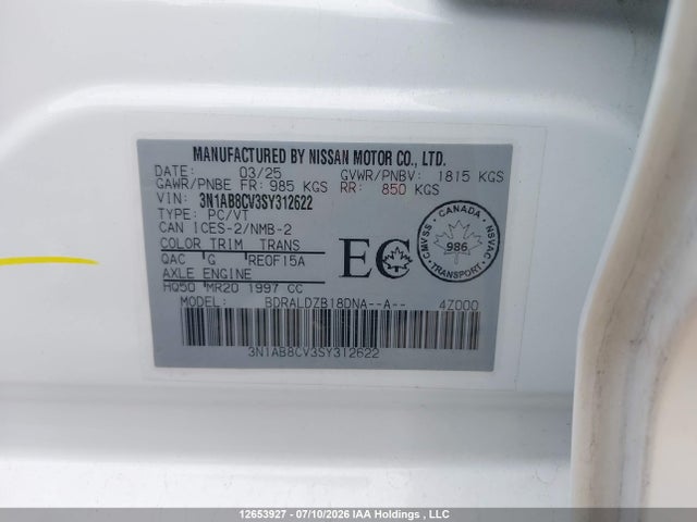 Aukcja sprzedaży 2025 Nissan Sentra Sv, vin: 3N1AB8CV3SY312622, numer aukcji: 12653927