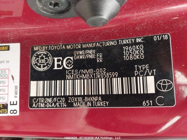 NMTKHMBX1JR058599 Toyota C-hr Xle/xle Premium