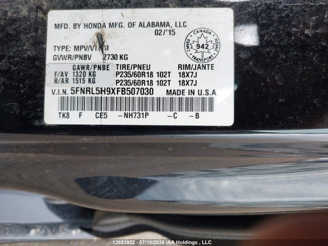 Aukcja sprzedaży 2015 Honda Odyssey Touring/touring Elite, vin: 5FNRL5H9XFB507030, numer aukcji: 12653932