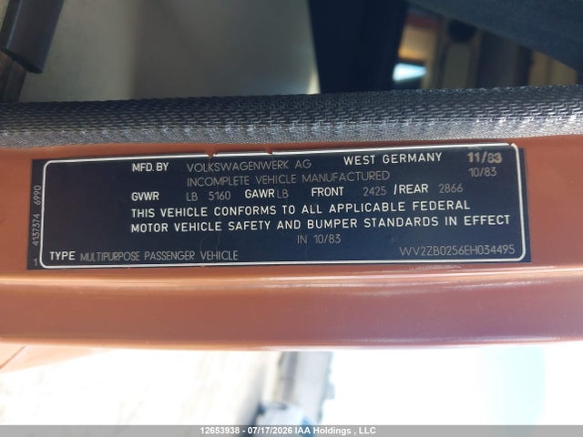 Aukcja sprzedaży 1984 Volkswagen Vanagon Campmobile, vin: WV2ZB0256EH034495, numer aukcji: 12653938