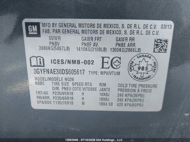 2013 Cadillac Srx Base მანქანა იყიდება აუქციონზე, vin: 3GYFNAE30DS605617, აუქციონის ნომერი: 12653948