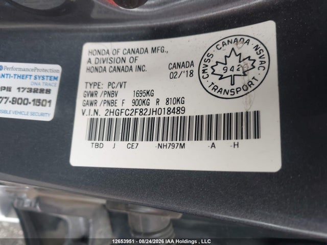 Honda CIVIC EX 2018 2HGFC2F82JH018489 Image 9