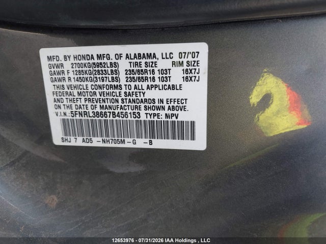 Продаж на аукціоні авто 2007 Honda Odyssey Exl, vin: 5FNRL38667B456153, номер лоту: 12653976