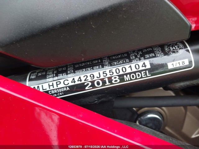 12653979 :رقم المزاد ، MLHPC4429J5500104 vin ، 2018 Honda Cbr500 Ra-abs مزاد بيع