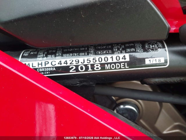 12653979 :رقم المزاد ، MLHPC4429J5500104 vin ، 2018 Honda Cbr500 Ra-abs مزاد بيع