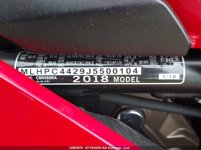 12653979 :رقم المزاد ، MLHPC4429J5500104 vin ، 2018 Honda Cbr500 Ra-abs مزاد بيع